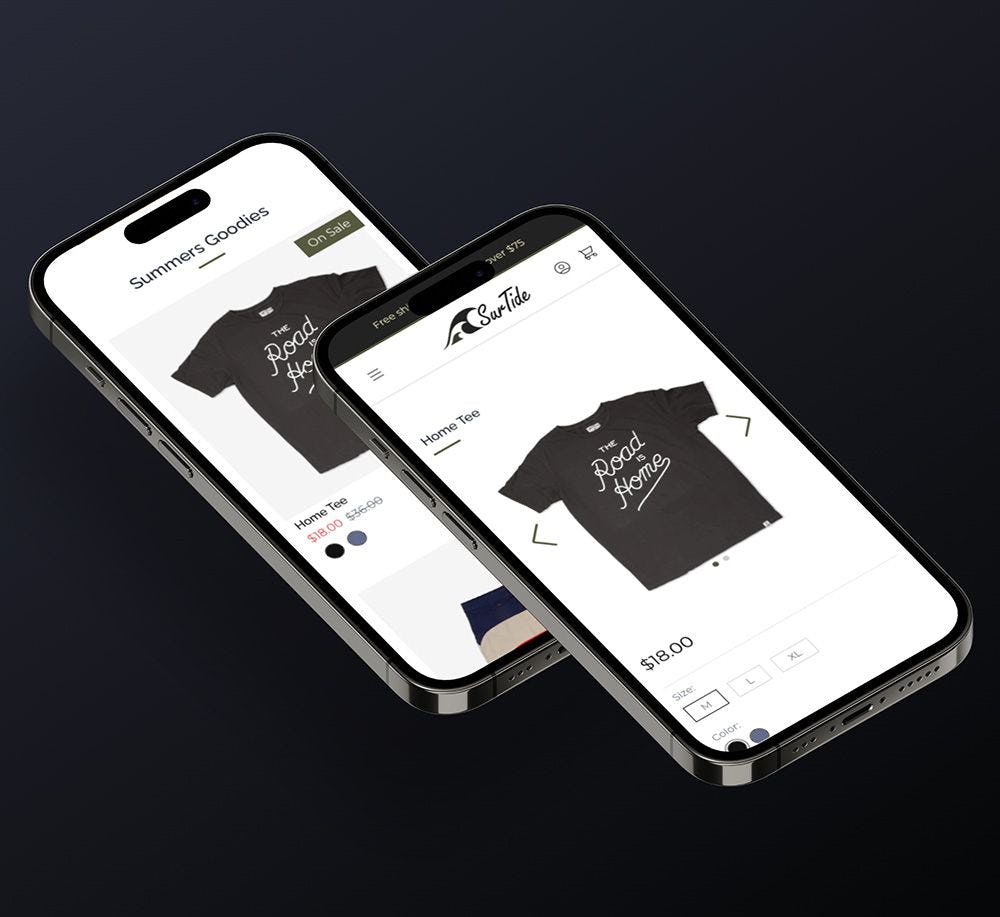 two phones laying flat showing SurTide clothing website