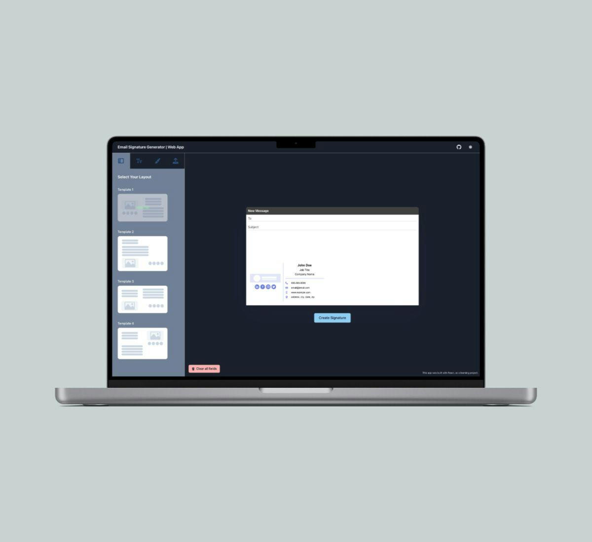 macbook air mockup with the signature app open in a web browser