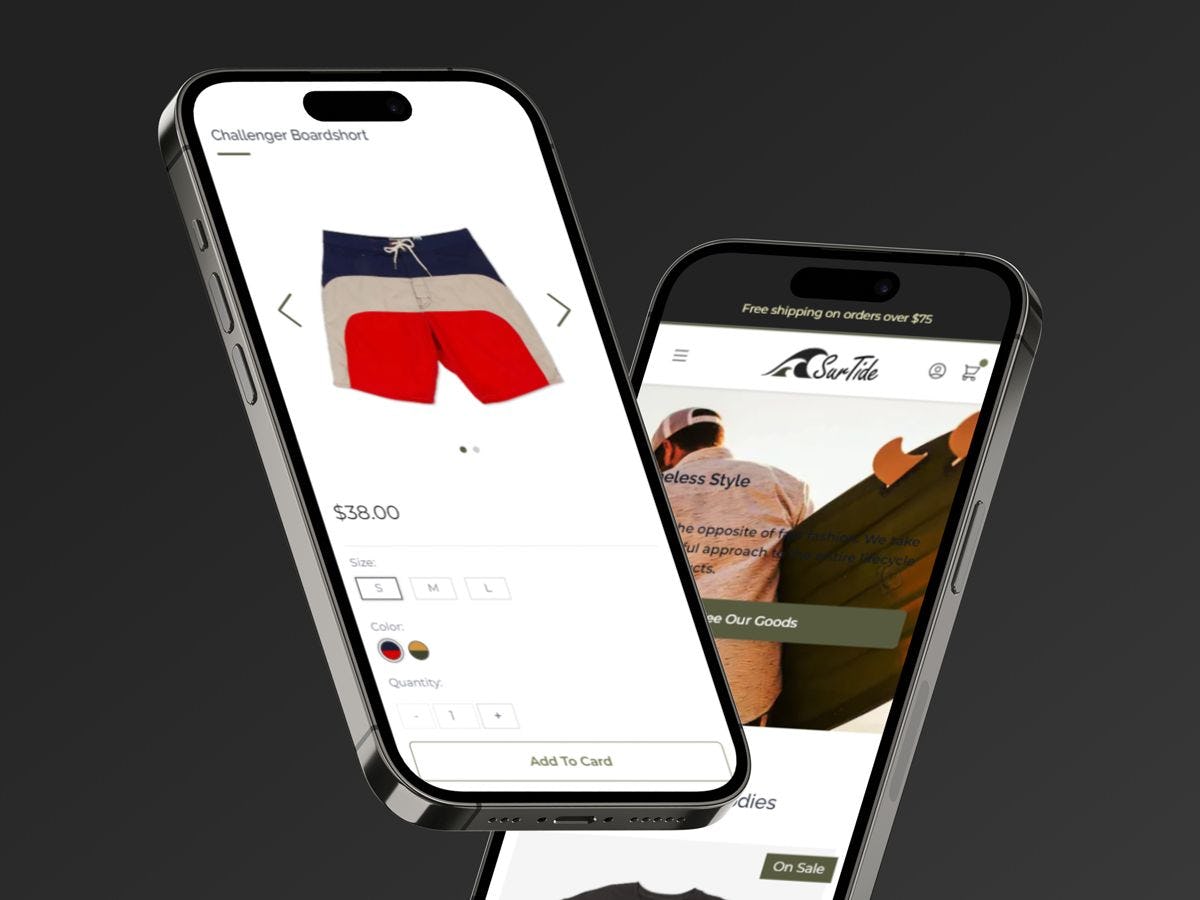 two iPhones displaying the SurTide website on the phone screens